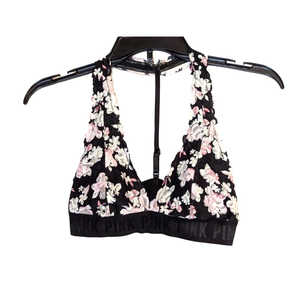 Victoria's Secret PINK Lace Bralette With Floral Embroidery Size S Black & Pink